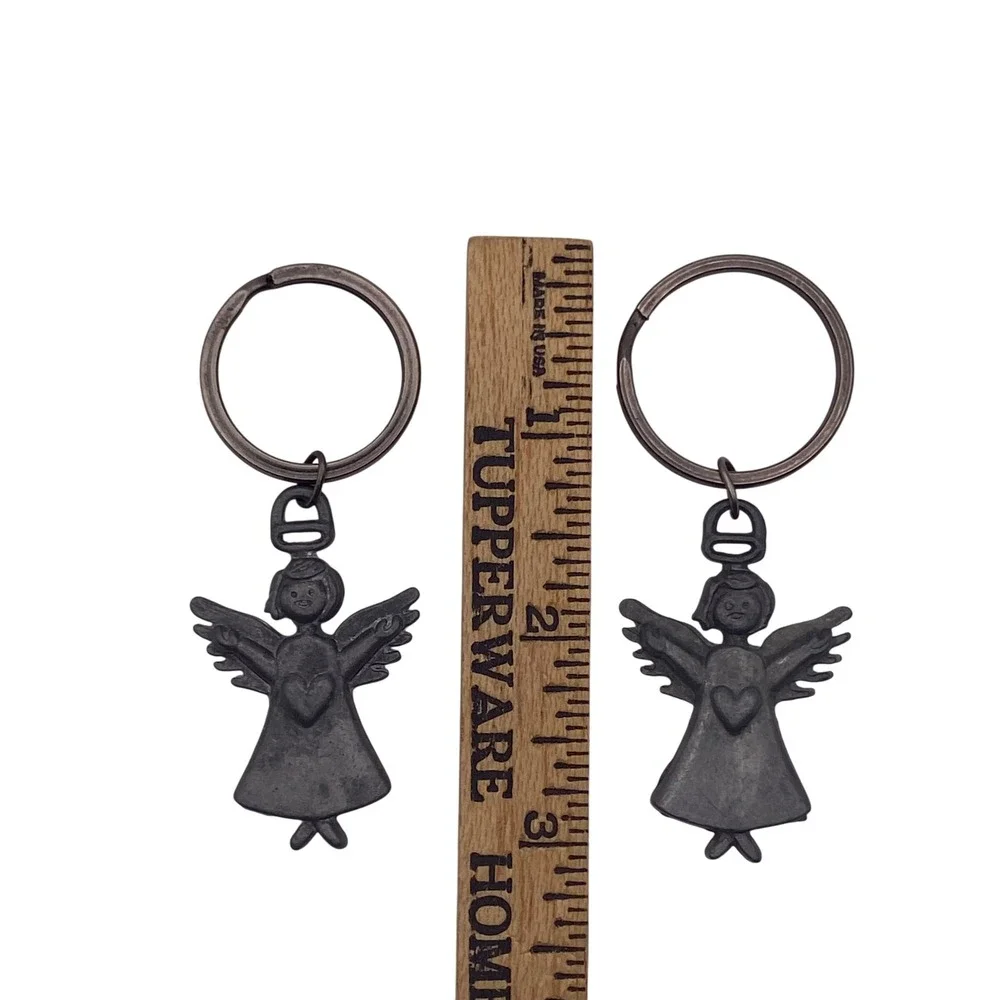 Vintage Pewter Angel Keychains Set of 2 Heart Guardian Angel Charms Gray Metal